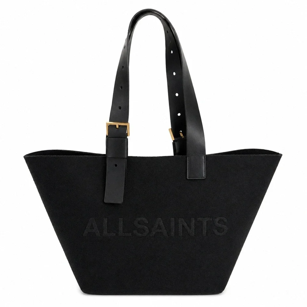 AllSaints Anik Spacious Felt Logo Tote Bag Black Leather Buckle Straps W306XB